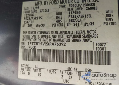 1999 Ford Ranger Xl/Xlt из США, поврежденный, VIN 1FTZR15V2XPA76392